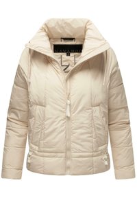 Puffer jacket in light beige, featuring a high collar, front zipper, and two side pockets; smooth texture with stitched detailing.