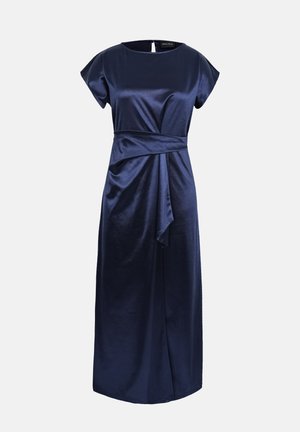 Midi šaty z námorníckej modrej saténovej látky s krátkymi rukávmi, okrúhlym výstrihom a prestrihom v páse vytvárajúcim efekt záhybov vpredu.