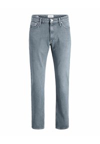 Jeans de mezclilla azul claros con un corte clásico de pierna recta, que cuentan con un diseño de cinco bolsillos y cierre frontal de botón metálico.