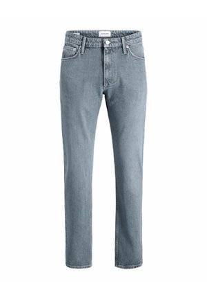 Helle blaue Jeans im klassischen geraden Schnitt, mit einem Fünf-Taschen-Design und einem metallenen Knopfverschluss vorne.