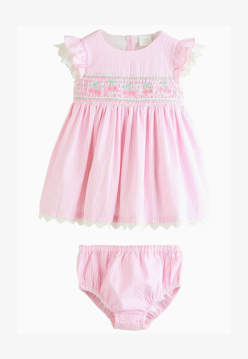 Rosa gestreiftes Kleid mit Rüschenärmeln, gerafftem Oberteil und gewelltem Spitzen-Saum. Inkl. passendem rosa Höschen. Aus Baumwollstoff.