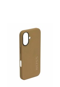 Brązowy silikonowy futerał na telefon o matowym wykończeniu, z wycięciami na aparat i przycisk, wytłoczone logo BOSS z boku, zaokrąglone krawędzie. Kompaktowa konstrukcja.