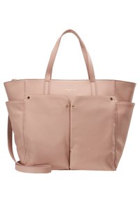 Vaaleanpunainen nahkainen olkalaukku, jossa on kaksi etutaskua, yläkahvat ja irrotettava olkahihna; koristeltu kullanvärisillä yksityiskohdilla ja teksturoidulla pinnalla.