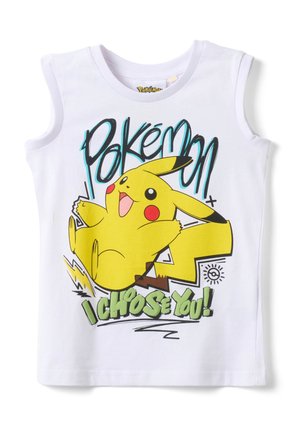 Camiseta blanca sin mangas con un gran Pikachu colorido, con "Pokémon" arriba y "¡TE ELIGO A TI!" abajo en fuentes divertidas.