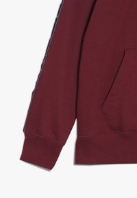 Felpa bordeaux con tasca, polsini a costine e striscia laterale blu con dettagli bianchi. Texture morbida, design casual.