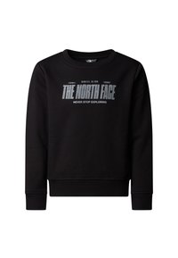 Svart genser laget av mykt stoff, med rund hals og ribbestrikkede mansjetter. Fronten har en grafisk logo i sølvtekst.