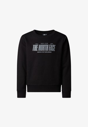 Black sweatshirt made of soft fabric, featuring a crew neckline and ribbed cuffs. Front displays a graphic logo in silver text.