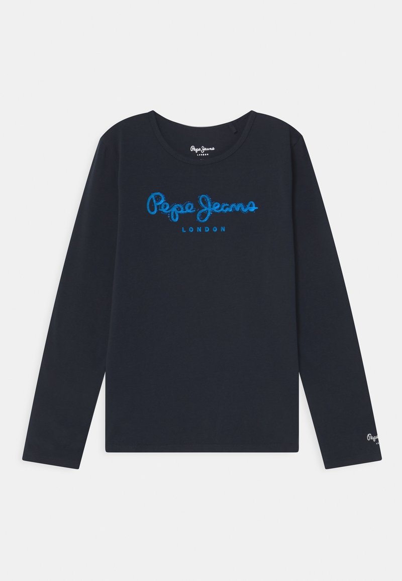 Marineblaues Langarmshirt mit rundem Halsausschnitt, das das Logo "Pepe Jeans London" in Blau auf der Brust und ein kleines Logo auf dem linken Ärmel trägt.