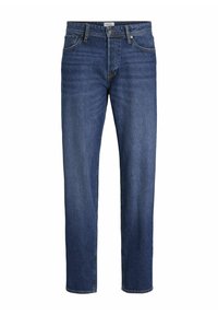 Dark blue denim jeans with a straight-cut design, five pockets, and a standard waistband. Features a button and zipper closure.