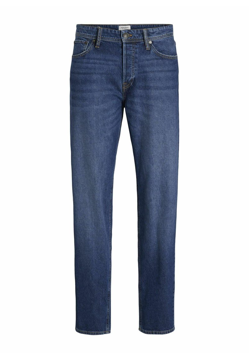 Tumši zili džinsi ar taisna griezuma dizainu, piecām kabatām un standarta jostu. Iekļauj pogu un rāvējslēdzēju.