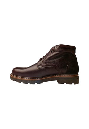 Dark brown leather ankle boot with rugged sole, lace-up front, and padded collar for casual or outdoor wear.