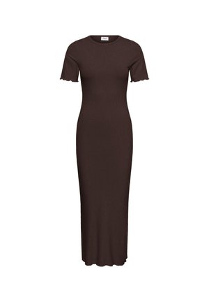 Tamsiai ruda aptempi anti midi su trumpomis rankovėmis, apvalia iškirpte ir subtiliu pusribiniu raštu.