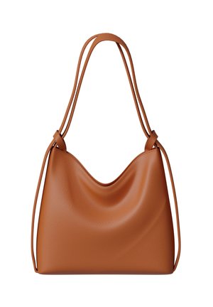 Brown leather shoulder bag with soft texture, double thin straps, and knot details on each side.