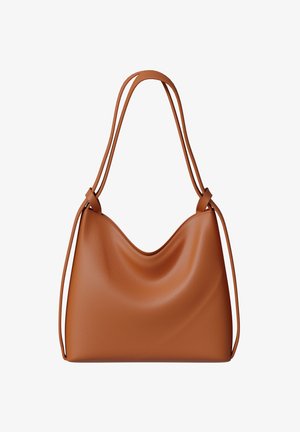 Brown leather shoulder bag with soft texture, double thin straps, and knot details on each side.