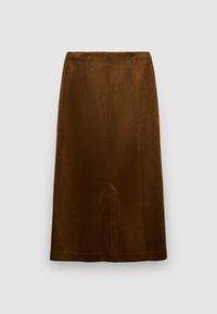 Brauner, mittellanger Rock aus glattem Stoff mit geradem Schnitt, ausgestattet mit zwei vorderen Falten und einem Schlitz hinten für mehr Bewegungsfreiheit.