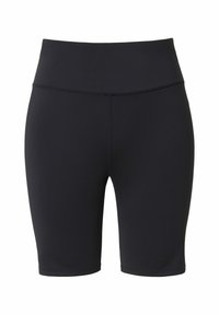 Zwarte atletische shorts met een hoge tailleband, gemaakt van gladde, rekbare stof. Ze hebben een lengte tot halverwege de bovenbenen en geen zichtbare accenten of patronen.
