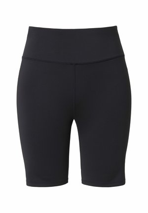 Schwarze Sportshorts mit hohem Bund, aus glattem, dehnbarem Stoff. Sie haben eine mittellange Beinlänge bis zur Mitte des Oberschenkels und keine sichtbaren Akzente oder Muster.