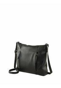 Borsa a tracolla in pelle nera con superficie testurizzata, dotata di due tasche con zipper sulla parte anteriore e di una tracolla regolabile per comodità.
