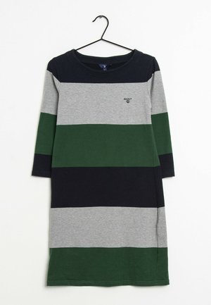 Long-sleeve dress with horizontal stripes in navy, gray, and green, featuring a small "GANT" logo on the chest, hanging on a black hanger.