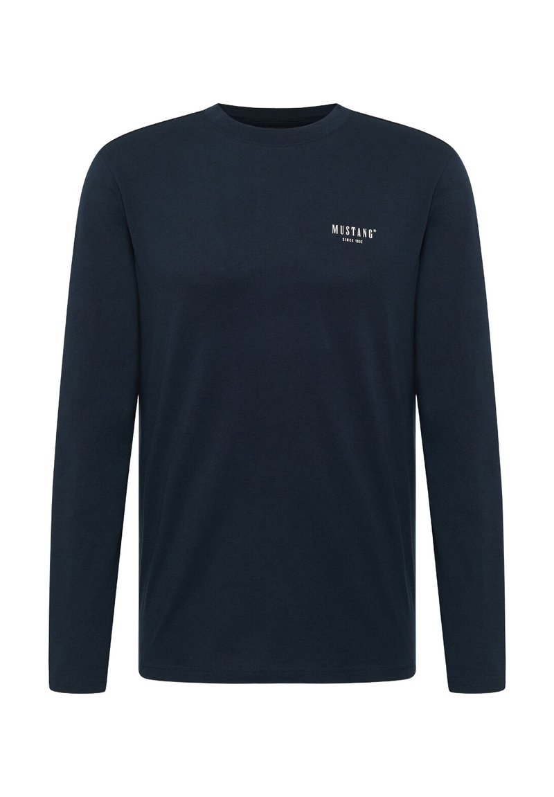 Navy blue long-sleeve cotton t-shirt with crew neck, features small white "MUSTANG" logo on the chest, smooth texture, and regular fit.