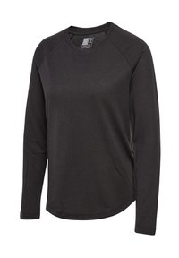 T-shirt de sport noir à manches longues avec col rond, logo discret sur la poitrine et ourlet incurvé.