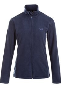 Veste en polaire bleu marine avec un col haut, une fermeture éclair intégrale et deux poches latérales. Présente un logo subtil sur la partie supérieure gauche de la poitrine. Texture douce.