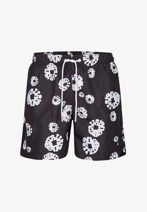 Zwarte zwemshorts met witte abstracte cirkelpatronen en een witte trekkoord aan de elastische tailleband.