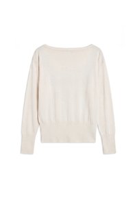 Pull beige à manches longues avec un large col, des poignets côtelés et une large ceinture côtelée, montré de dos sur fond blanc.