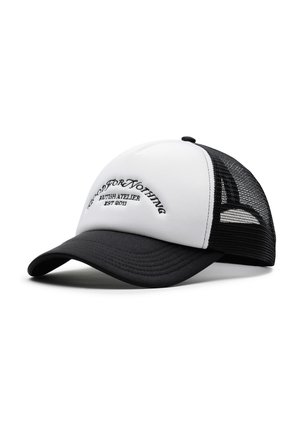 Black and white cap with a curved brim. Front features embroidered text. Mesh back for ventilation. Structured design with textured fabric.