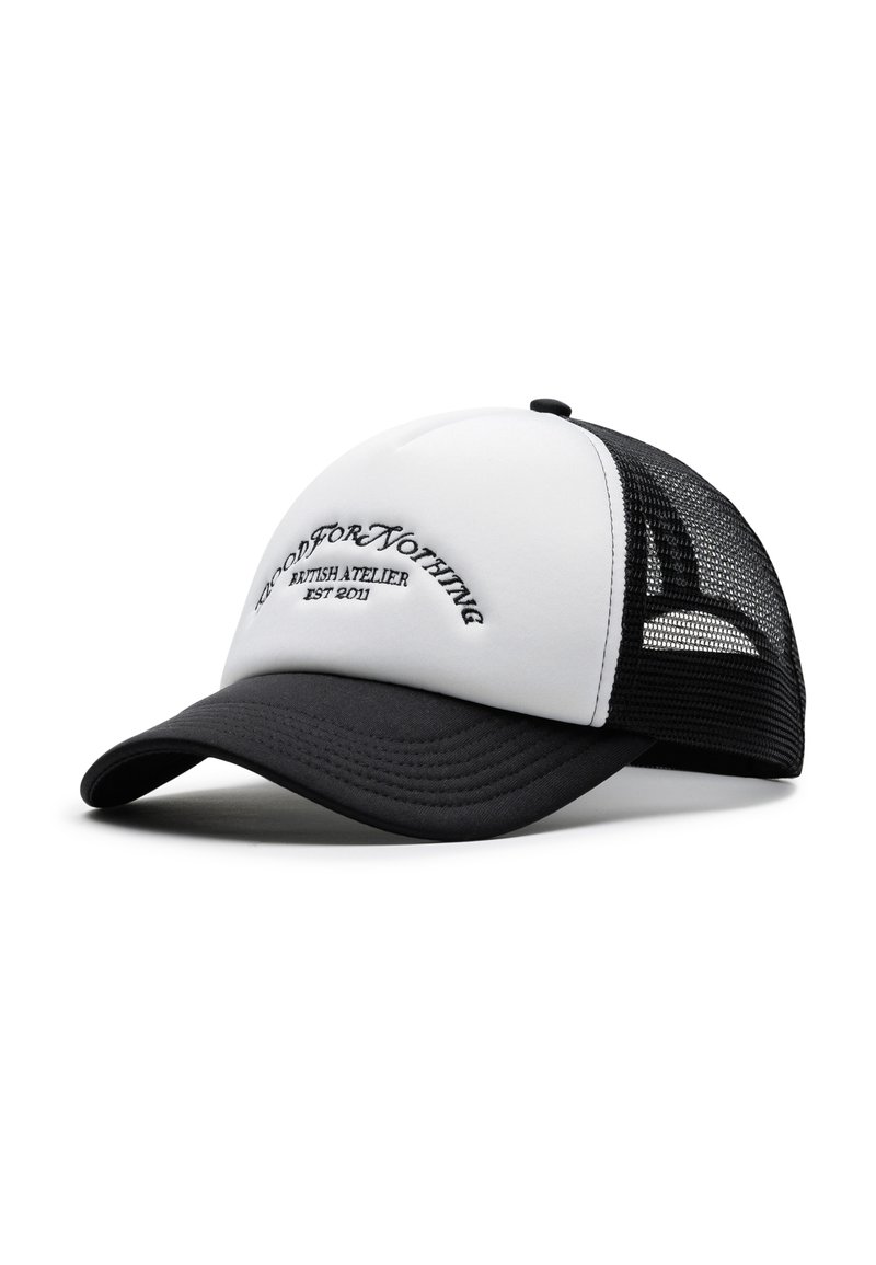 Cappello bianco e nero con visiera curva. La parte anteriore presenta testo ricamato. Retro in rete per ventilazione. Design strutturato con tessuto texturizzato.
