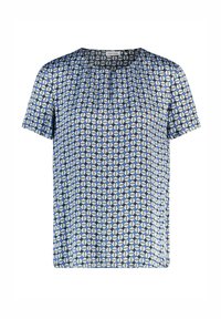 Bluzka z krótkim rękawem z geometrycznym wzorem w odcieniach niebieskiego, jasnej zieleni i kremu. Wykonana z gładkiego materiału, z okrągłym dekoltem.