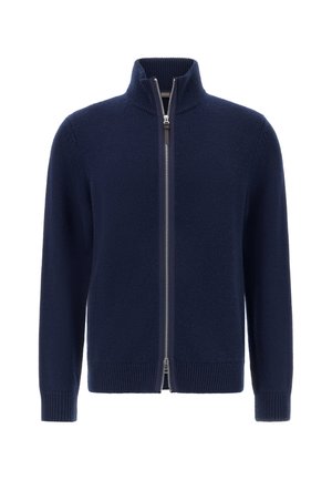 Sudadera azul marino de cremallera en tejido de punto, con un cuello alto, puños acanalados y una cremallera de longitud completa con ribete en contraste.