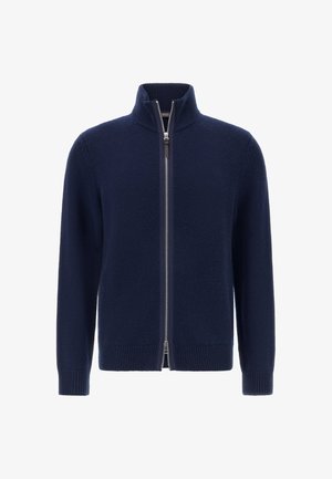 Námorně modrý svetr na zip z pleteniny, s vysokým límcem, pružnými manžetami a plným zipem s kontrastním lemováním.