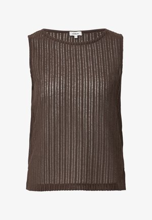 Brązowy, bezrękawnik o prążkowanej fakturze i okrągłym dekolcie. Lekki materiał z pionowymi paskami na tkaninie.