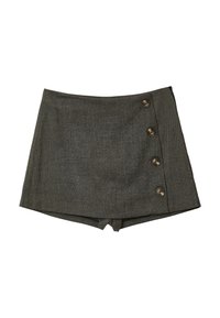 Graue Shorts aus strukturiertem Stoff mit hoher Taille und fünf großen braunen Knöpfen an der Seite zum Verschließen.