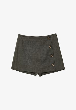 Graue Shorts aus strukturiertem Stoff mit hoher Taille und fünf großen braunen Knöpfen an der Seite zum Verschließen.