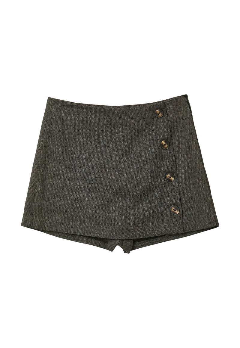 Graue Shorts aus strukturiertem Stoff mit hoher Taille und fünf großen braunen Knöpfen an der Seite zum Verschließen.