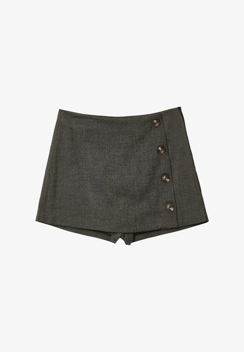 Graue Shorts aus strukturiertem Stoff mit hoher Taille und fünf großen braunen Knöpfen an der Seite zum Verschließen.