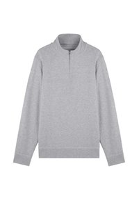 Grijze pullover sweatshirt van zacht stof, met een hoge kraag en een ritssluiting van een kwart, geribde manchetten en een rechte zoom.