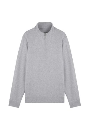 Gray pullover sweatshirt made of soft fabric, featuring a high collar with a quarter-zip, ribbed cuffs, and a straight hem.