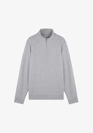 Gray pullover sweatshirt made of soft fabric, featuring a high collar with a quarter-zip, ribbed cuffs, and a straight hem.