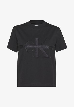 Black cotton t-shirt with a crew neck, featuring a textured CK logo and a printed "CALVIN KLEIN JEANS" band across the front.