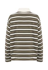 Striped long-sleeve shirt featuring horizontal lines in olive green and white. Includes a white collar and soft, smooth fabric texture.