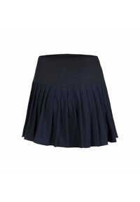 Gonna a pieghe blu navy con fascia in vita aderente, realizzata in tessuto morbido. Presenta un logo discreto del marchio sulla fascia in vita. Design a lunghezza corta.