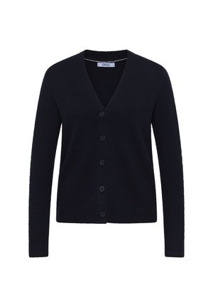 Cardigan bleu marine en tissu doux ; présente un col en V, des manches longues et six boutons sur le devant. Texture lisse, design simple.