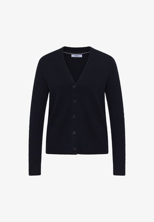 Laivansiniset neuleet, jotka on valmistettu pehmeästä kankaasta; siinä on V-pääntie, pitkät hihat ja kuusi nappia edessä. Sujuva pinta, yksinkertainen muotoilu.