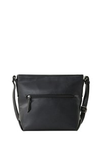 Schwarze Lederhandtasche mit strukturierten Oberflächen, einem oberen Reißverschluss und einer vorderen Reißverschlusstasche. Einstellbarer Gurt für vielseitiges Tragen.