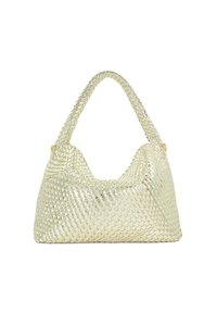 Gouden geweven handtas met een ronde vorm en een gestructureerde afwerking, voorzien van een gebogen handvat en een veilige sluiting.