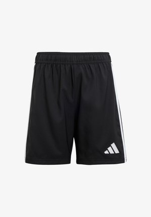 Pantaloni sportivi neri con vita elastica, caratterizzati da strisce laterali bianche e un logo riflettente argento in basso a sinistra. Texture liscia.