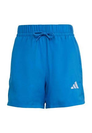 Pantaloncini sportivi blu con vita elastica, coulisse e logo bianco. Texture liscia, lunghezza sopra il ginocchio, design minimalista.